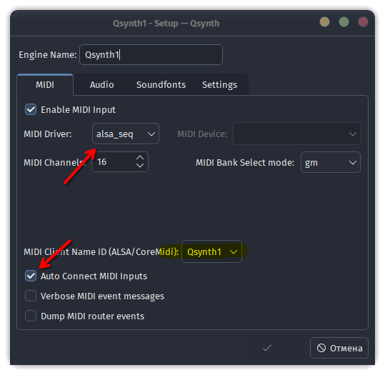 qsynth Setup -> MIDI