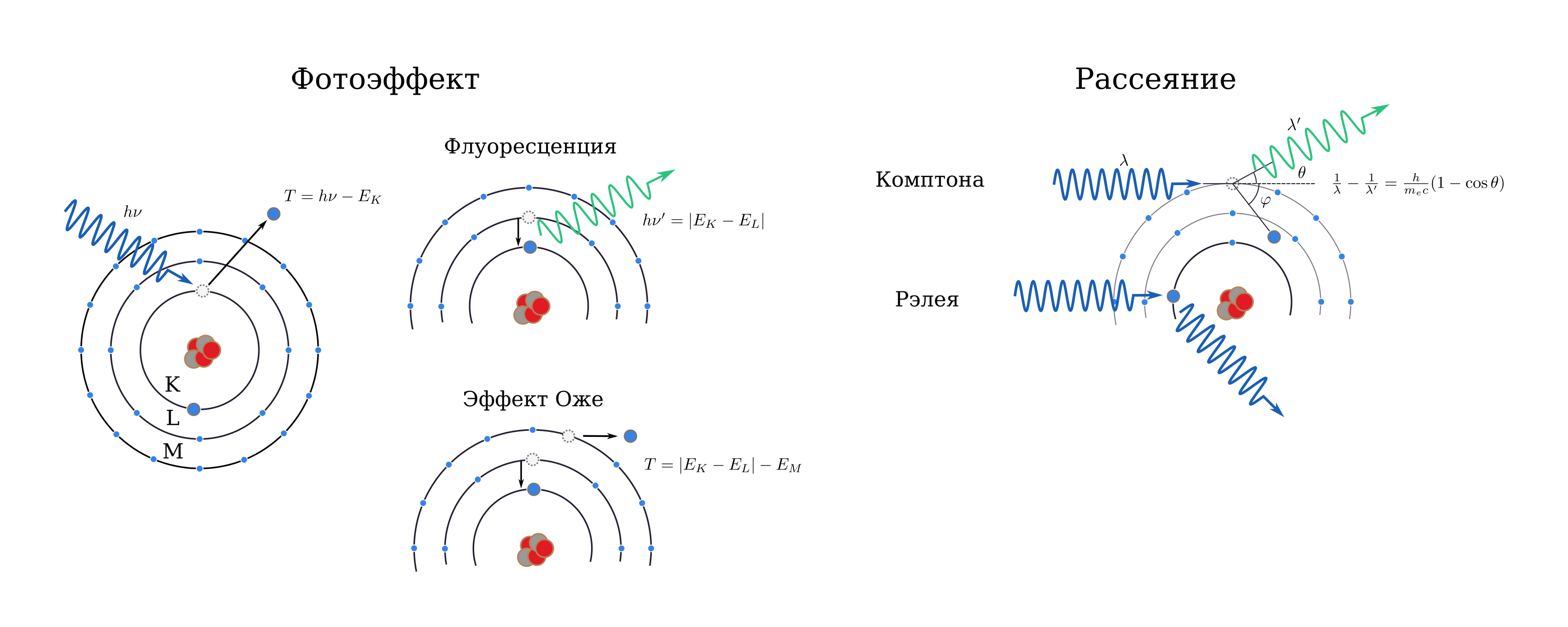 Схемы взаимодействия рентгеновского фотона с веществом через фотоэффект и рассеяние: Комптона и Рэлея.