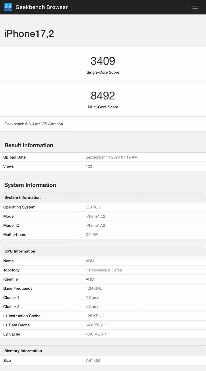 3409 single-core / 8492 multi-core