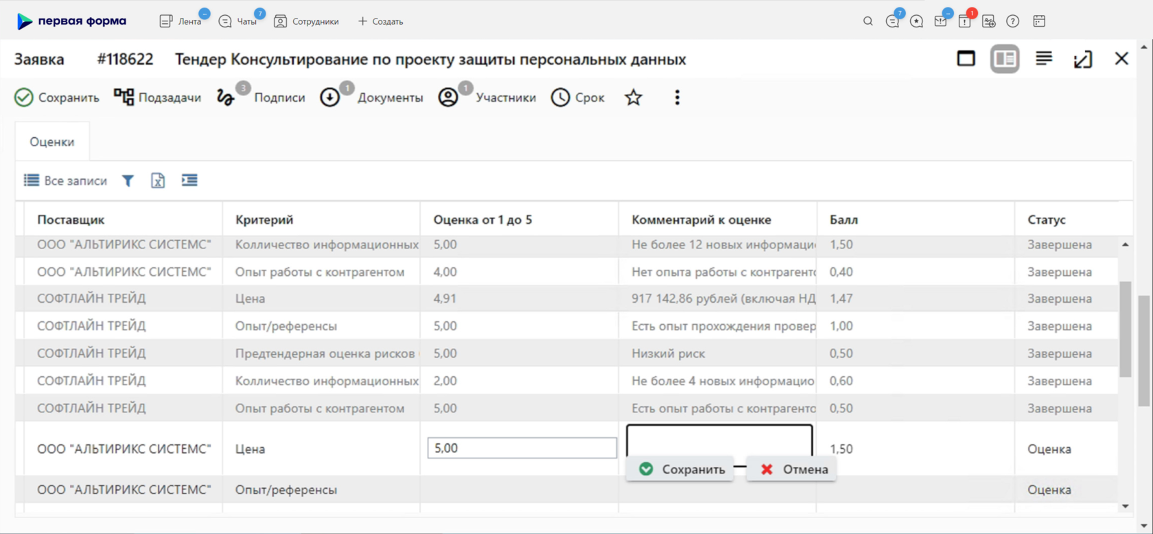 Пример оценки поставщиков прямо в системе