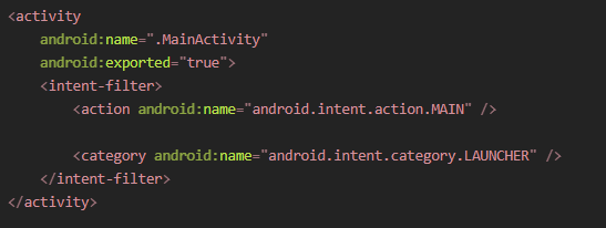 Этот элемент указывает, что MainActivity является начальной активностью приложения и доступна через лаунчер