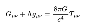  Это уравнение связывает геометрию пространства-времени (левая часть) с распределением материи и энергии (правая часть). G - тензор Эйнштейна, описывающий кривизну пространства-времени, g - метрический тензор, Λ - космологическая постоянная, G - гравитационная постоянная, c - скорость света, и T - тензор энергии-импульса, представляющий распределение материи и энергии.  