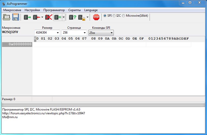 AsProgrammer с выбранной микросхемой W25Q32FV
