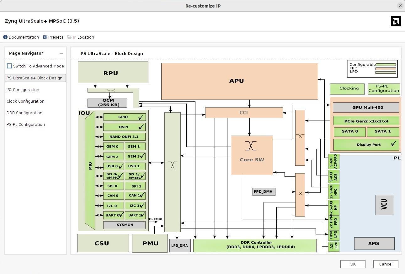 Основное меню настройки IP-блока Zynq UltraScale+ MPSoC