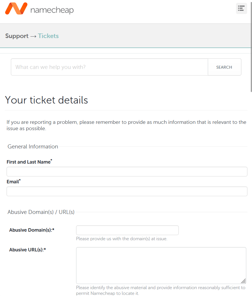 Форма для жалобы на вредоносный ресурс у регистратора Namecheap