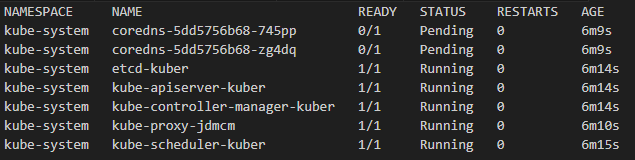Видим, что поды coredns не в статусе Pending.  Это нормально, их время ещё не пришло.