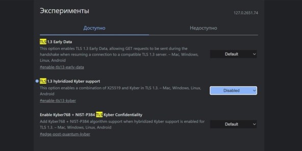 араметры в браузере #enable-quic и #enable-tls13-kyber 