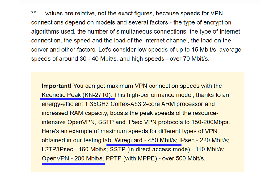 Максимальные скорости VPN соединений для роутера Keenetic Peak (KN-2710)