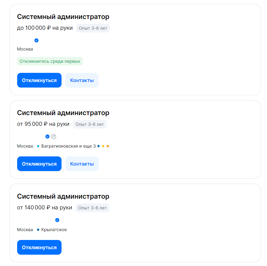 Выборка предложений с hh.ru по Москве на позицию системный администратор c опытом работы 3-6 лет. Данные о работодателях скрыты из этических соображений.