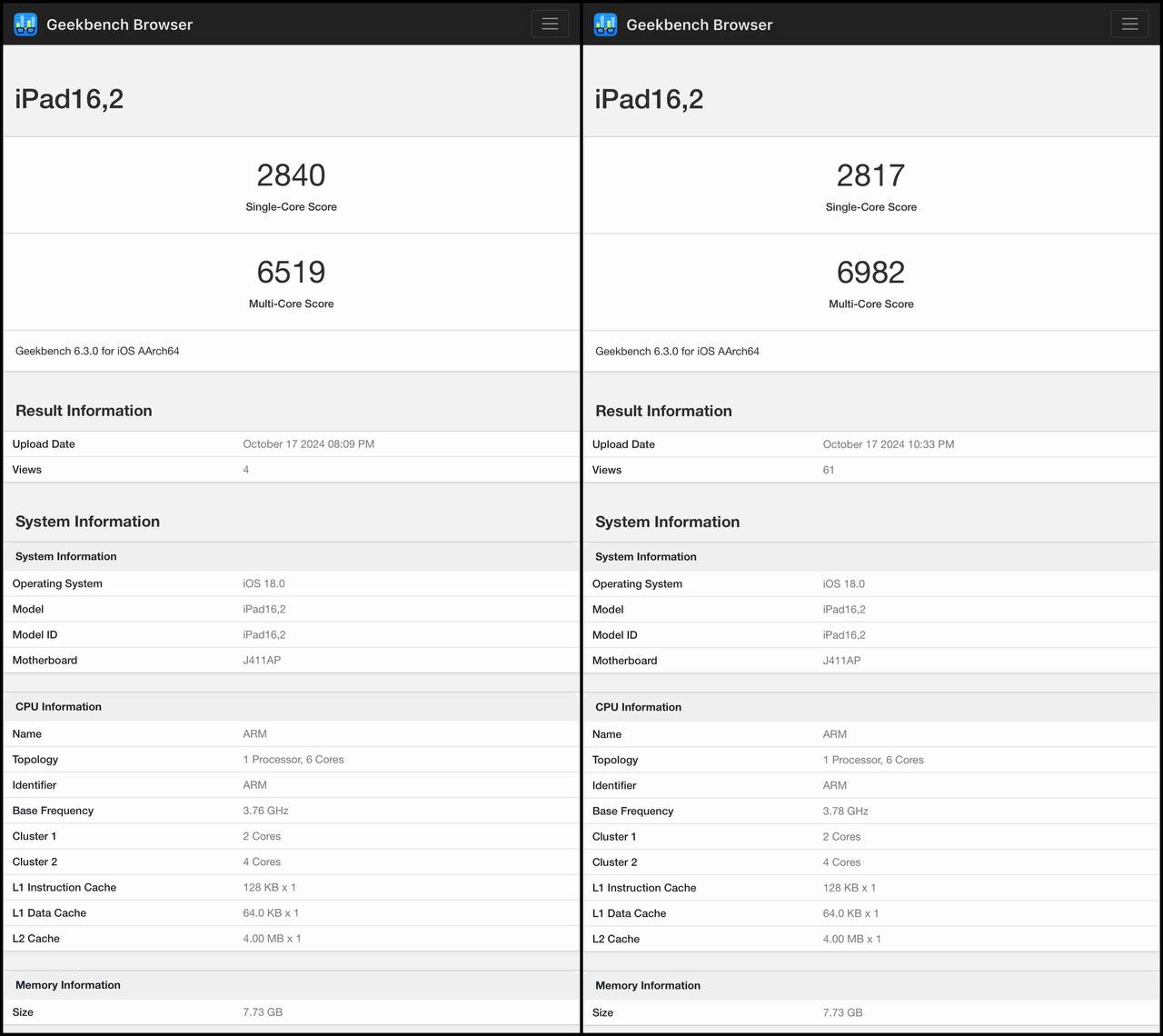 Single-core выдает между 2,710 и 2,840. Multi-core между 6,274 и 6,982