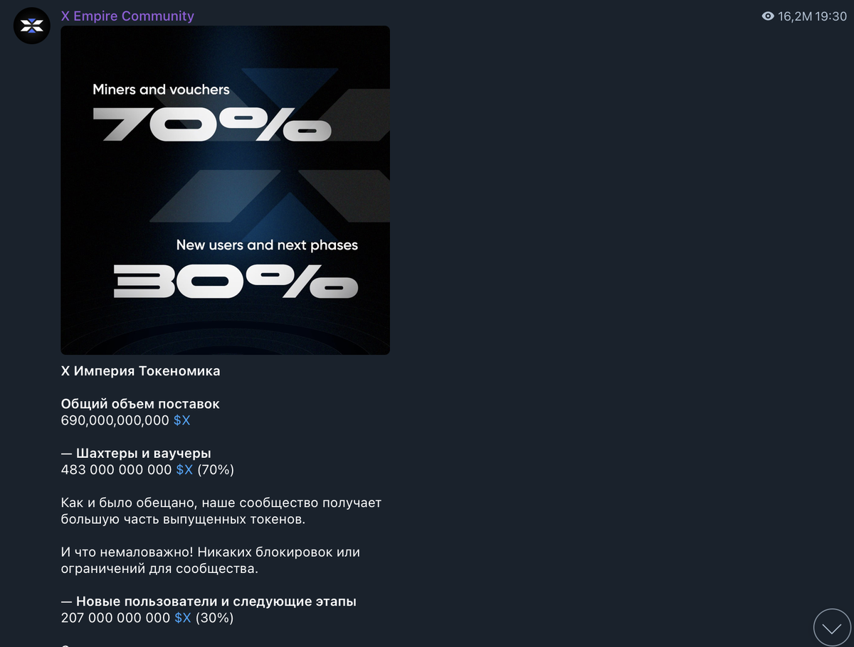 Токеномика проекта X Empire. Источник - Telegram-канал X Empire Community.