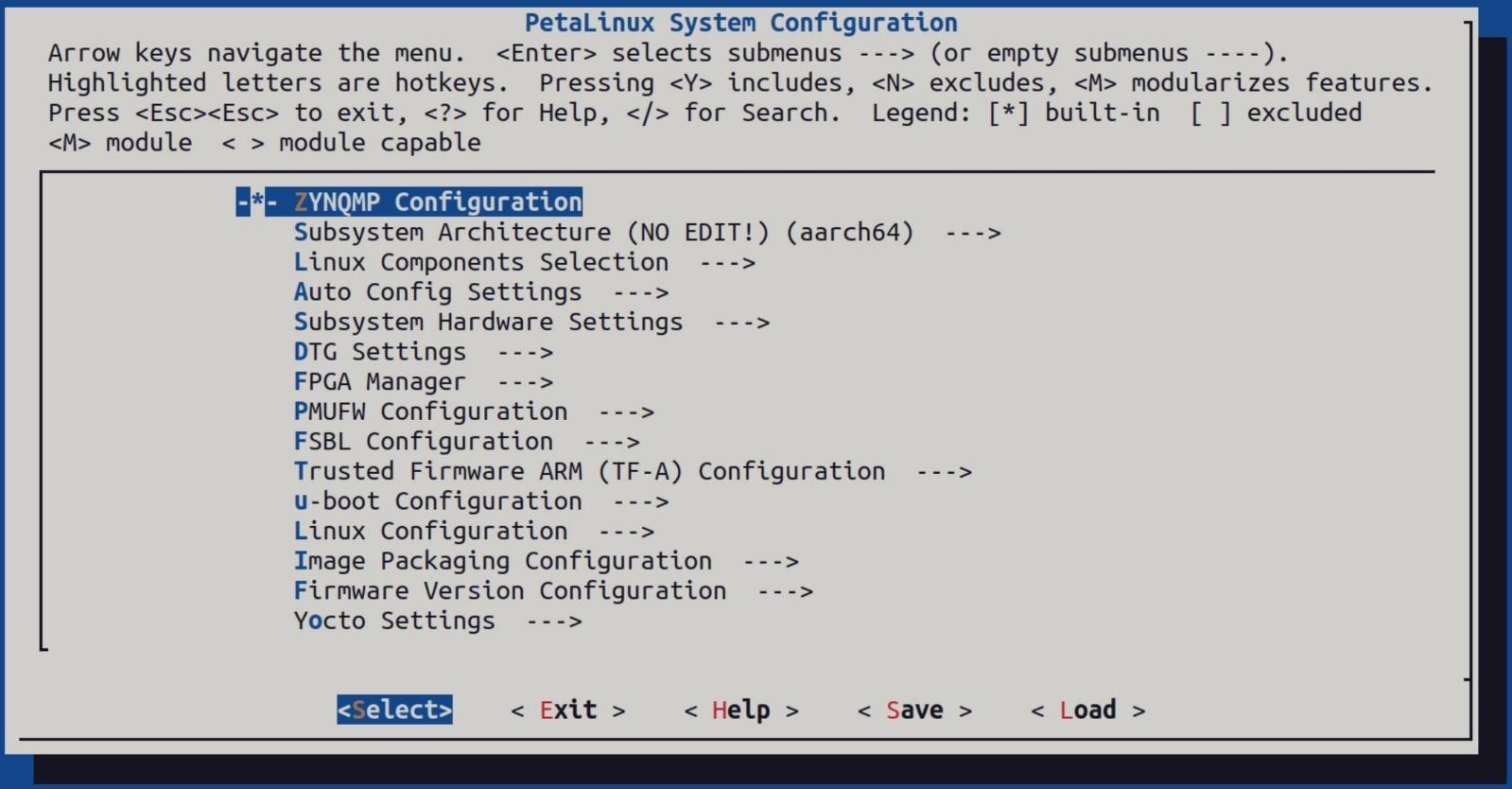 Окно конфигурации проекта Petalinux для Hard-CPU