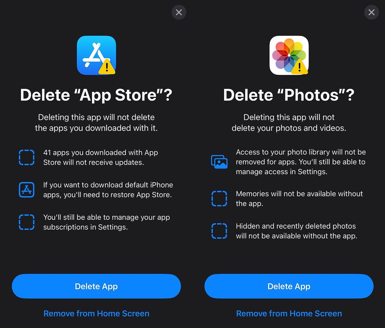 Отдельно отмечается, что даже если удалить приложения, то данные из них, включая ранее установленные приложения или снятые фото/видео – останутся, но вот обновить приложения или просмотреть альбомы «Воспоминания» или «Скрытые» будет уже нельзя.