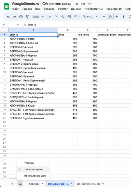 Лист с загруженными из Озон в Гугл Таблицу ценами на товары