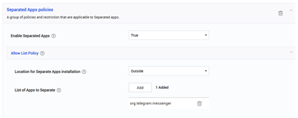 Настройки раздела Separated Apps в секции Knox Service Plugin EMM Knox Manage