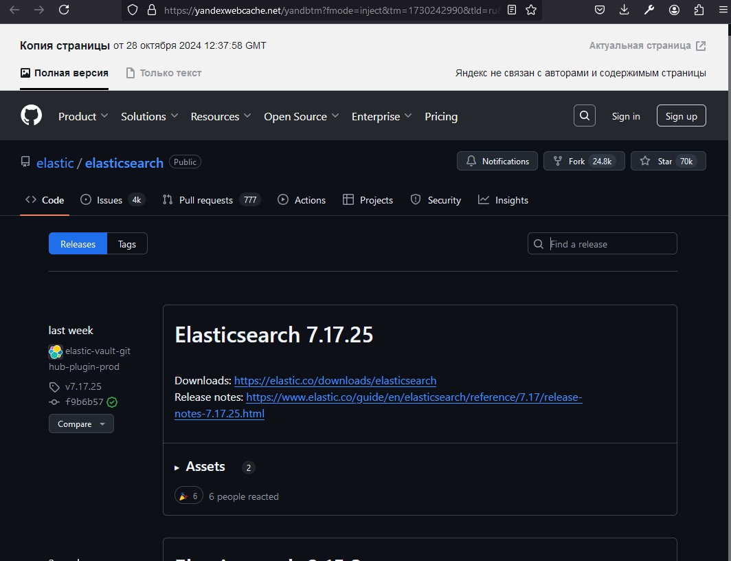 Как выглядит репозиторий elasticsearch в кэше Яндекса (кэш от 28.10.2024)