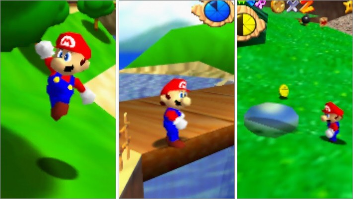 В Super Mario 64 (1996 год, Nintendo 64) для персонажей используются тени-пятна. Слева: тень-пятно накладывается на тени деревьев. В центре: тень-пятно усекается при помощи аппаратной функции декалей. Справа: у всех подвижных персонажей и объектов есть собственные тени. Усечённая тень внутри этого прозрачного пузыря показывает ограничения функции декалей Nintendo 64. Скриншоты сделаны в эмуляторе ares.