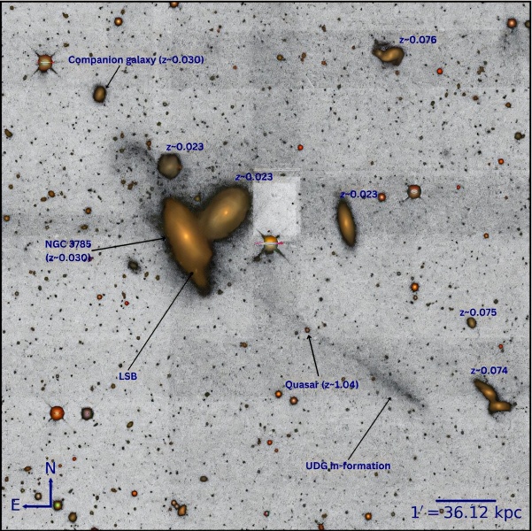 Открыт самый длинный хвост галактики: NGC 3785 и её приливной хвост длиной 1,27 миллиона световых лет