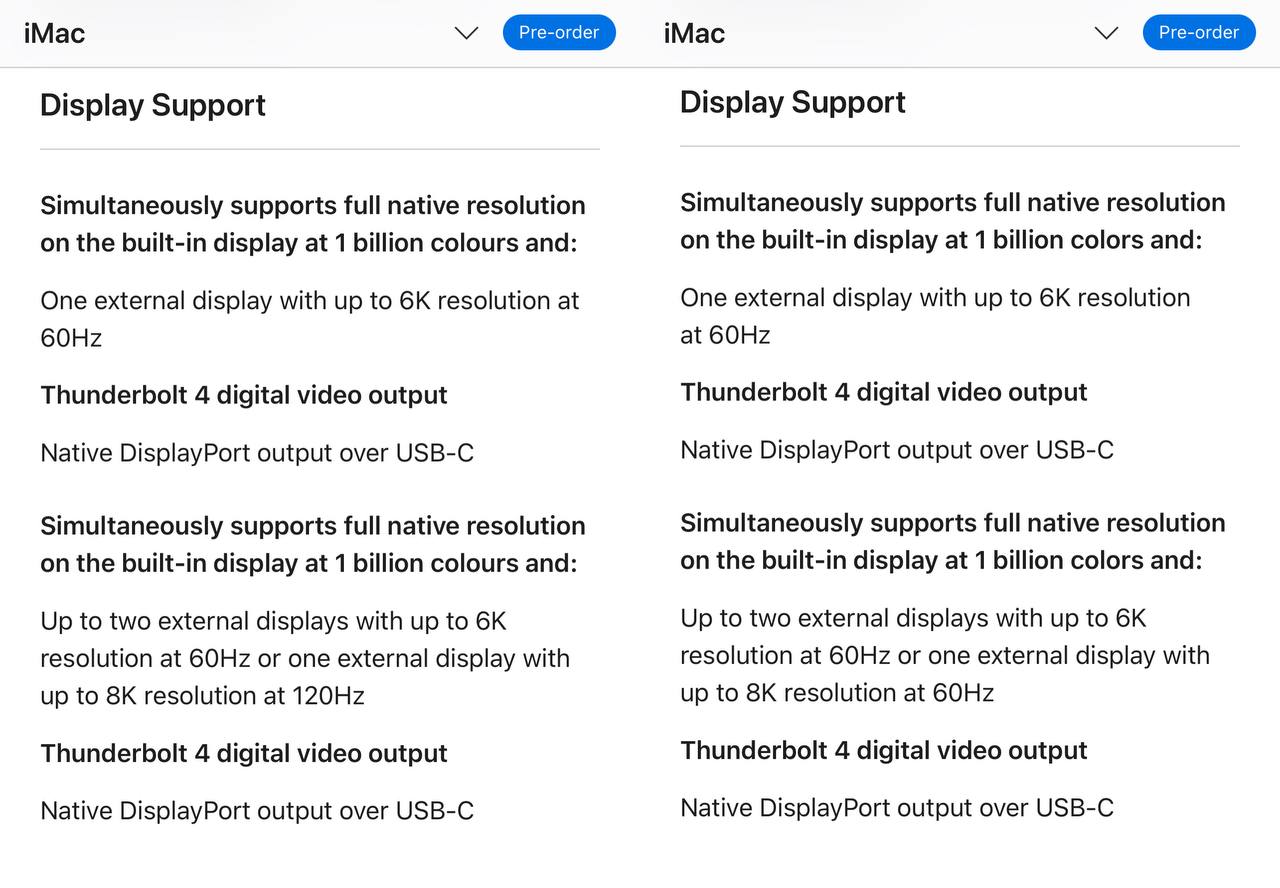 Сначала Apple ошибочно указала поддержку монитора 8К 120Hz в спецификациях iMac на чипе M4, на деле оказалось 8K 60Hz. Сейчас ошибка исправлена на американском сайте компании, но пока еще присутствует на зарубежных