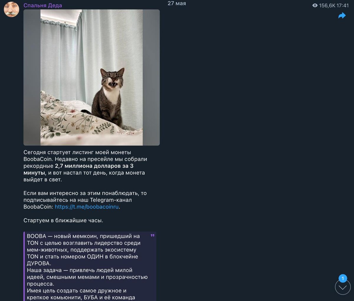 Объявление о запуске мемкоина $BOOBA. Источник - telegram канал Хесуса "Спальня деда".