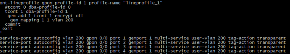 Рис.1.3– Пример конфигурации ont-lineprofile и service-port на OLT CDATA GPON