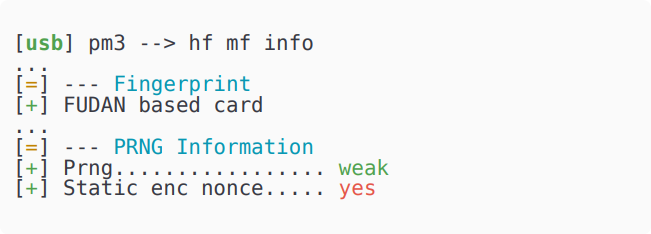 Частичный вывод команды Proxmark3 hf mf info для такой карты. Защита получила название static encrypted Nonces (источник изображения)