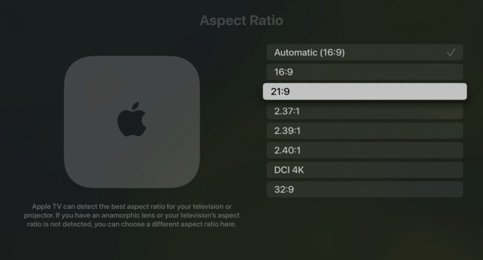 Выбор формата настраивается в tvOS > Настройки > Видео и Аудио > Соотношение сторон