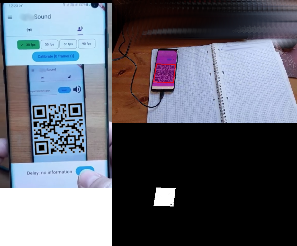 Слева - приложение в работе. Справа - проверка читаемости qr-кода маленького размера с выводом маски, определенной по лиловому цвету