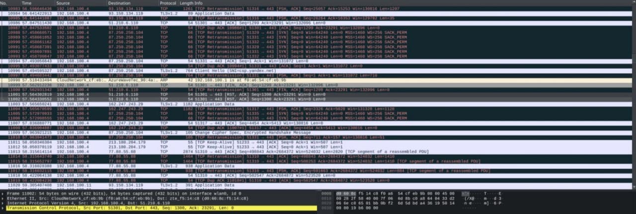 Рисунок 1.2 Анализ трафика через утилиту Wireshark    