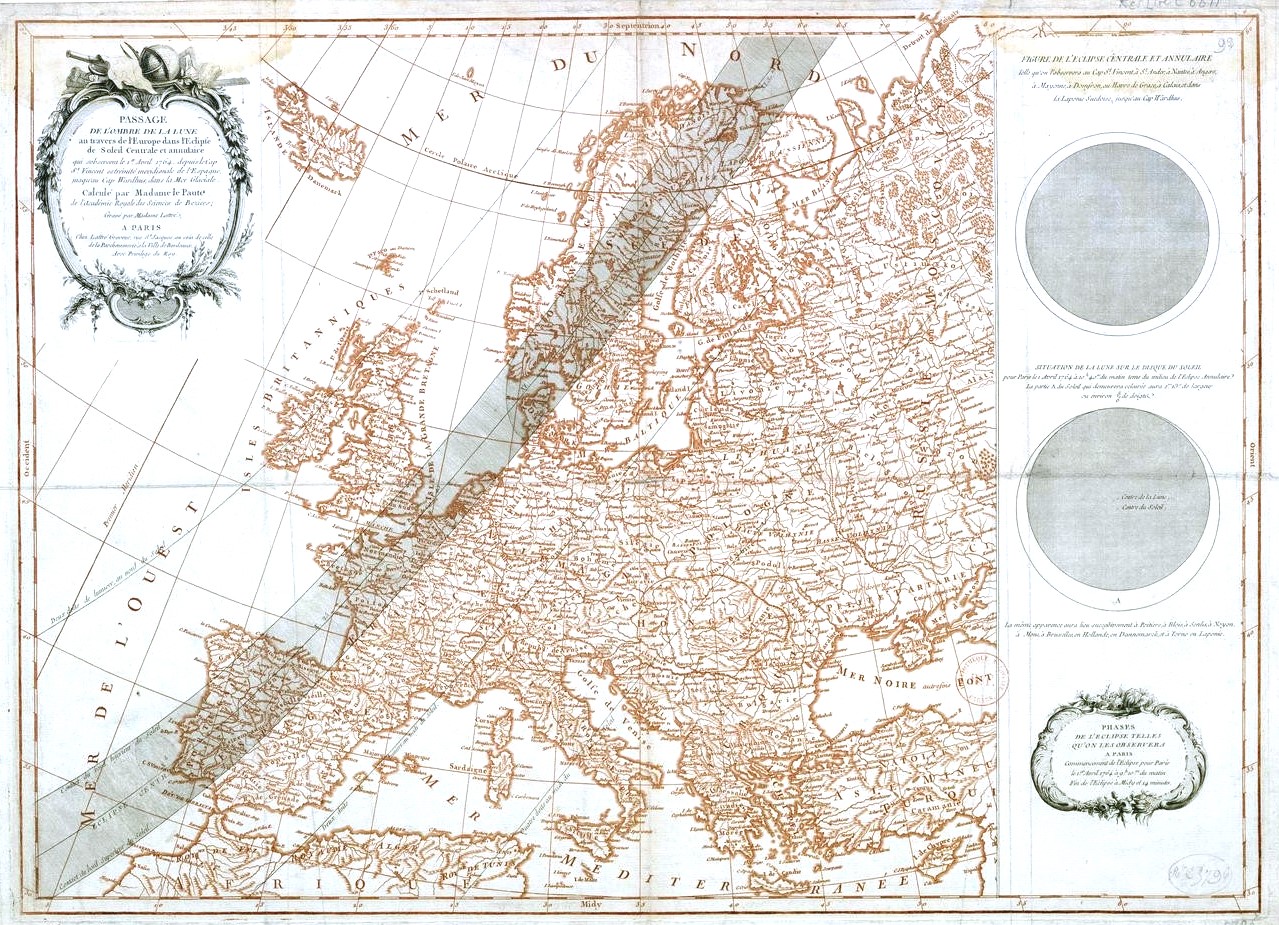 Карта предсказанного солнечного затмения 1 апреля 1764 года, вычисленная мадам Лепот и гравированная мадам (!) Латтре, 1762 год.