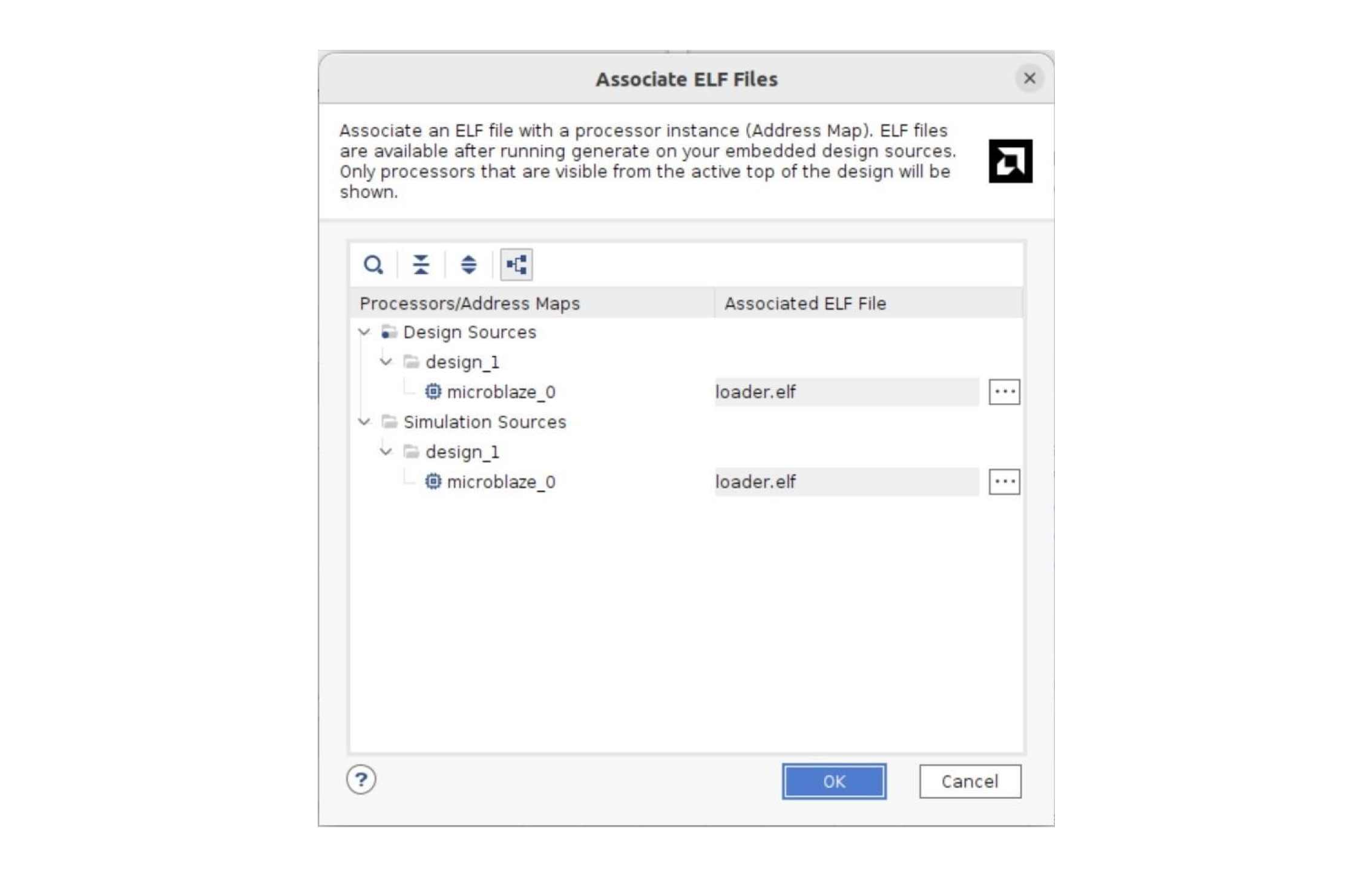 Окно ассоциирования elf-файлов Vivado IDE