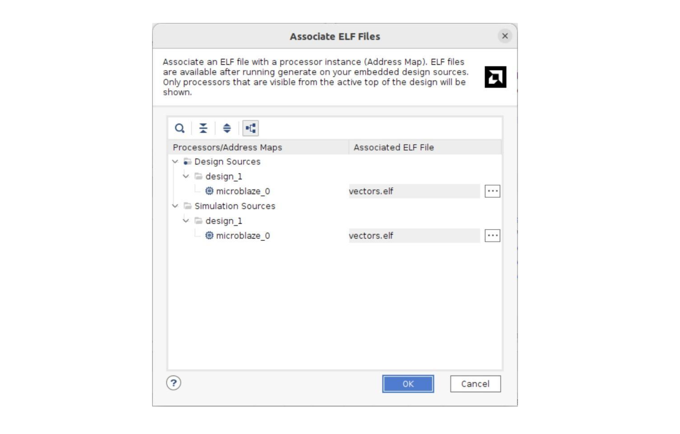 Окно ассоциирования elf-файлов Vivado IDE