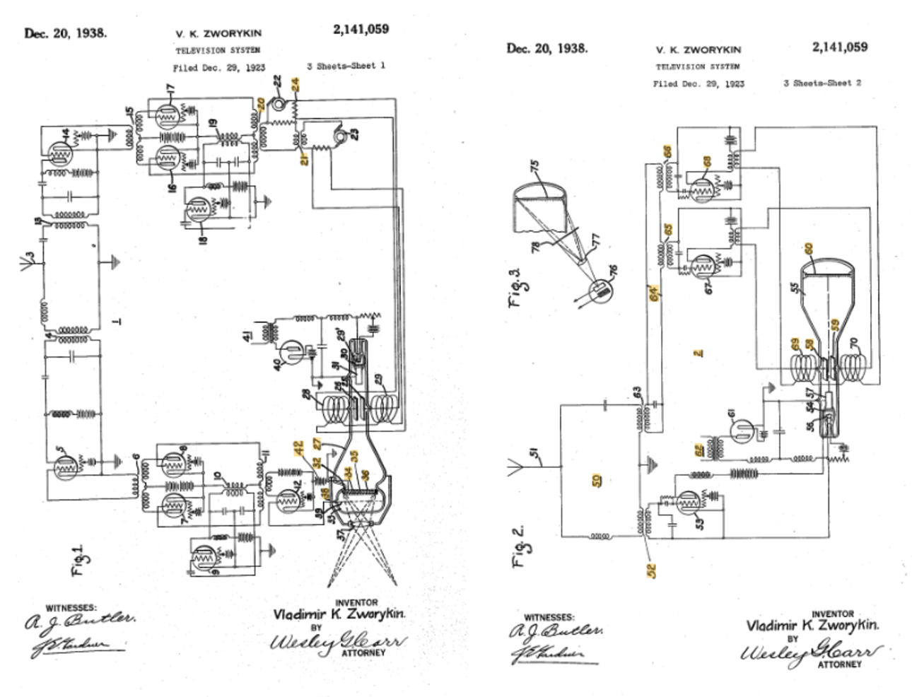 Иллюстрации из патента Зворыкина 1923 года — из-за юридических споров патент был утвержден только в 1938 году