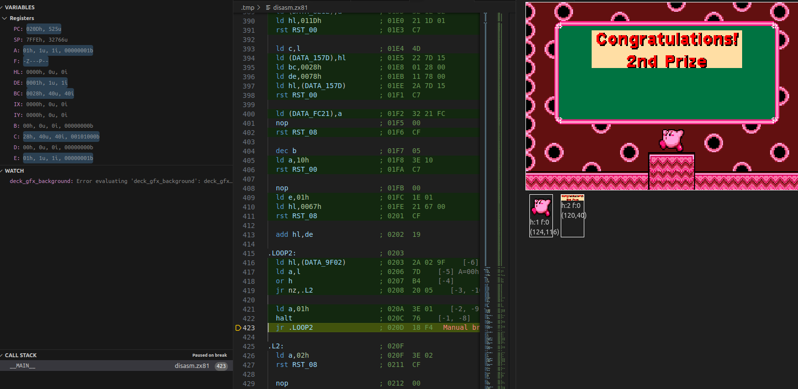 An official Nintendo E-Reader card, running in the debugger