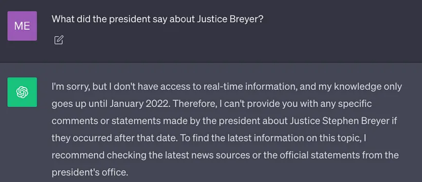 Ответ ChatGPT на вопрос «Что президент сказал о судье Брейере?»
