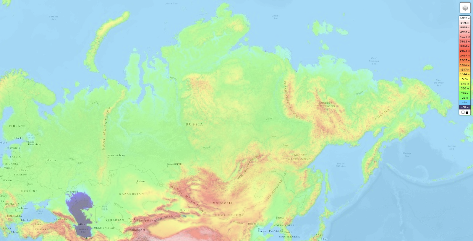 Рисунок 1. Топографическая карта высот России