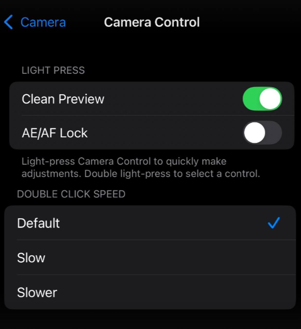 На iPhone 16 в меню настроек Camera Control теперь есть возможность активировать AE/AF Lock. Это Auto Exposure Lock – блокировка автоматической экспозиции или Auto Focus Lock – блокировка автоматической фокусировки. Также добавлена опция настройки скорости двойного нажатия для Camera Control.