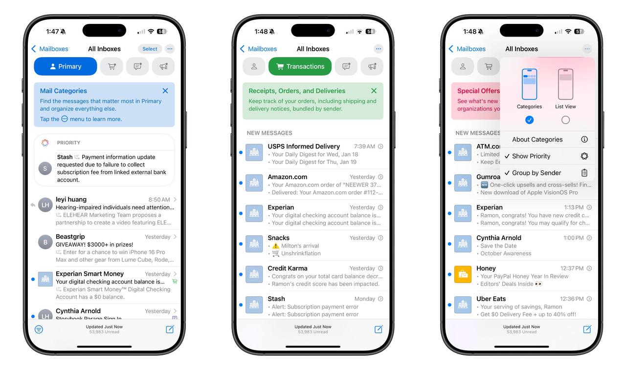 Приложение получило редизайн, добавлены категории с сортировкой писем, а также настройка отображения: по приоритету на основе Apple Intelligence и по отправителю