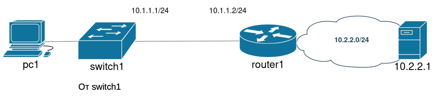 Сеть, в которой нам предстоит найти проблему, включает компьютер Петра pc1, коммутатор switch1, маршрутизатор router1, подсеть 10.2.2.0/24 и сервер 10.2.2.1