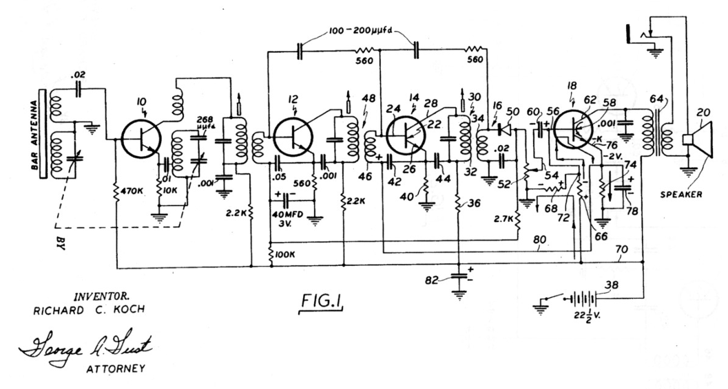 Схема радиоприемника TR-1 (Transistor Radio) из патента Коха, построенная на базе четырех транзисторов