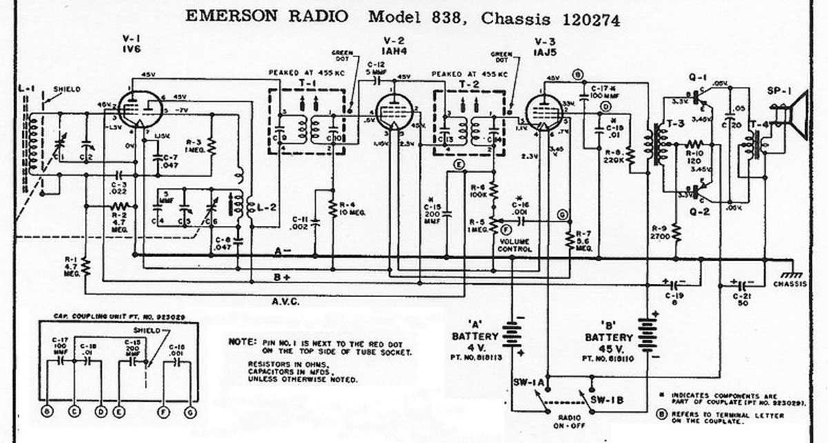 Схема радиоприемника Emerson 838, который продавался по цене 44 доллара — можно найти довольно много схожести. Но все-таки он не был полностью транзисторным