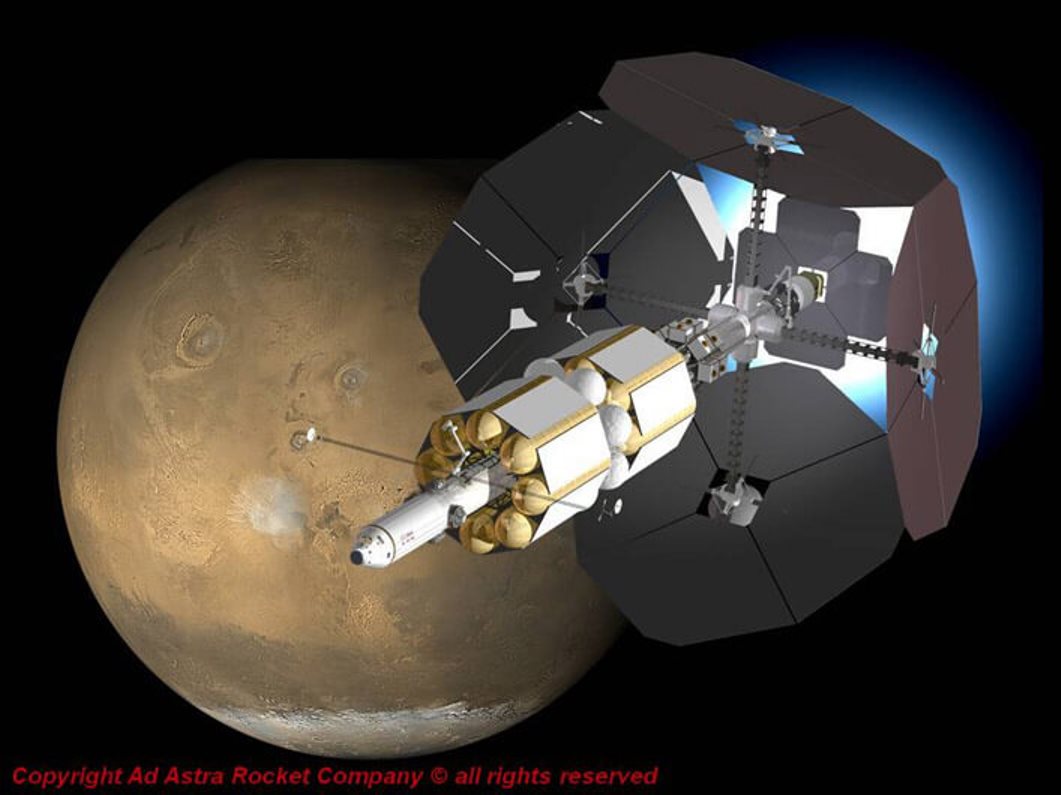 Концептуальный мультимегаваттный аппарат для дальнего космоса с двигателем VASIMR. Credit: Ad Astra Rocket Company.