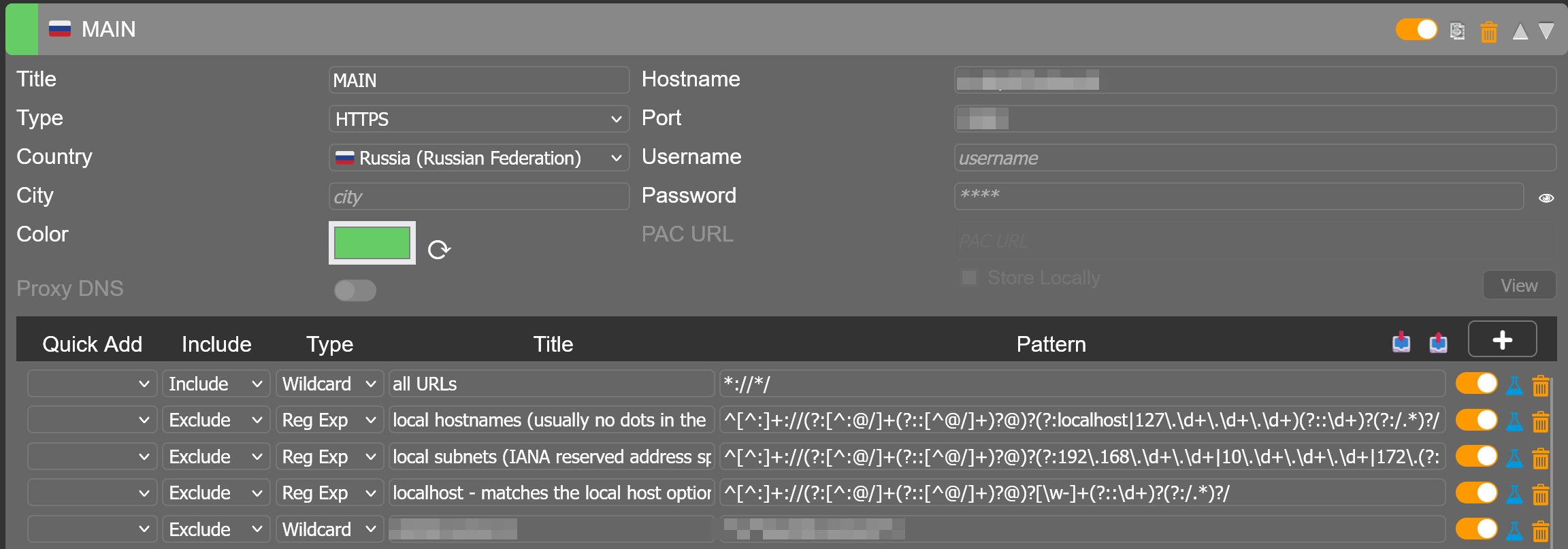 Если у вас не статический IP, то нужно будет указать username и password. Есть смысл отключить проксирование локальных ресурсов - для этого есть пресеты в выпадающем меню слева, quick add. Следующим после прокси нужно будет добавить DIRECT.