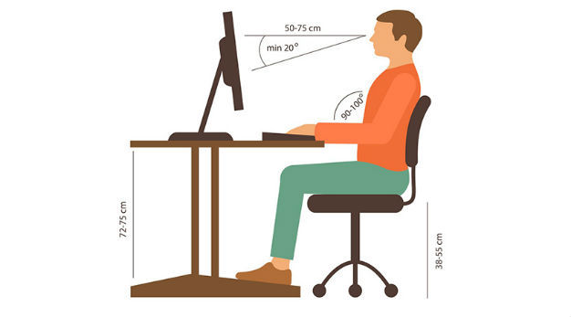 Положение экрана рабочего монитора относительно глаз в соответствии с СанПиН 2.2.2-2.4.1340-03 Гигиенические требования к персональным электронно-вычислительным машинам и организации работы и ГОСТ Р ИСО 9241-5-2009. Эргономические требования к проведению офисных работ с использованием видеодисплейных терминалов (VDT). Часть 5. Требования к расположению рабочей станции и осанке оператора