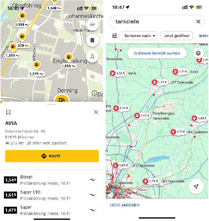 Так выглядит ADAC Drive и цены на Google Maps. Обратите внимание на разброс цен: менее 1.6 евро на окраине Мюнхена и 1.7+ (а где-то даже 2+) на федеральных трассах и автобанах возле него.