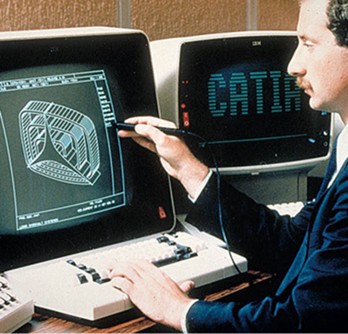 Catia V1 on an IBM station in 1982. Didier Gaillard gives a demonstration.  The screen on the right is used to display geometric information on the  part and its characteristics such as