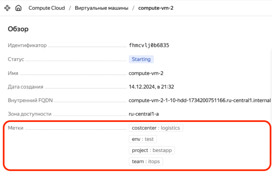 Пример тегов для виртуальной машины в облаке 