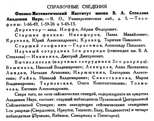 Список сотрудников Физико-математического института им. В. А. Стеклова Академии наук. Из книги «Научные учреждения Академии наук СССР», 1927 год.