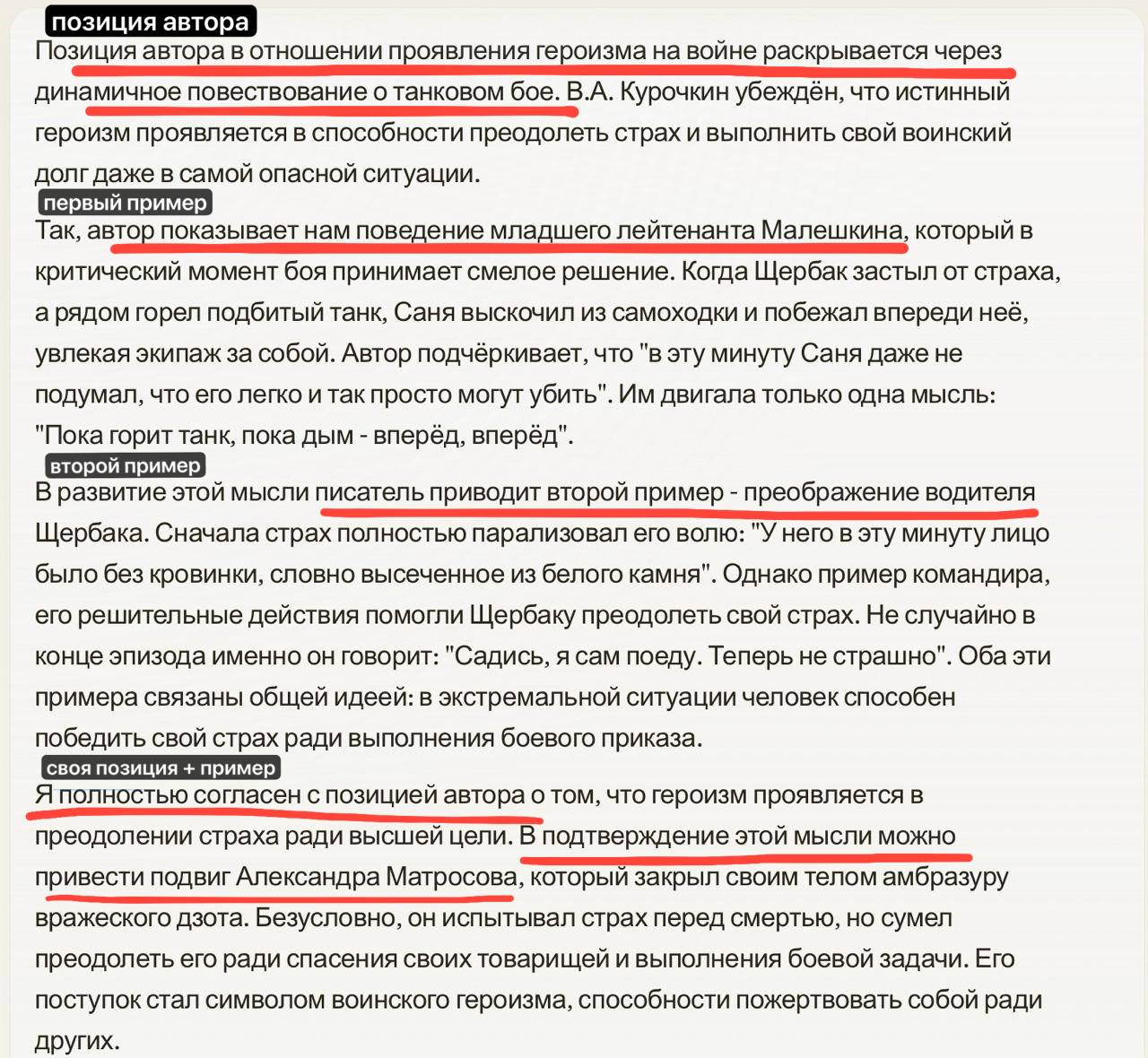 В основной части бот написал комментарий к проблеме, привел два примера-иллюстрации из текста, раскрыл позицию автору и личное отношение к ней.