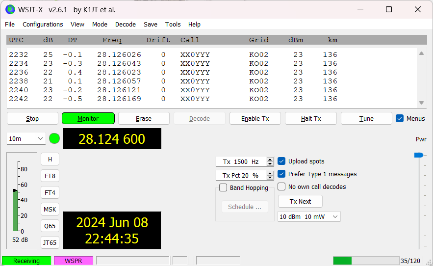 Декодирование WSPR пакетов при помощи приложения WSJT-T